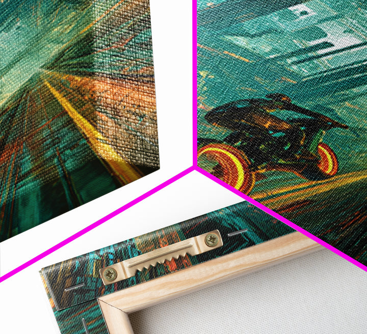 High Speed Hover Bike Trail of Light Framed Canvas Print, Futuristic Art, Room Decor, Living Room Decor, Fine Art, Future, FUT-2x3-76