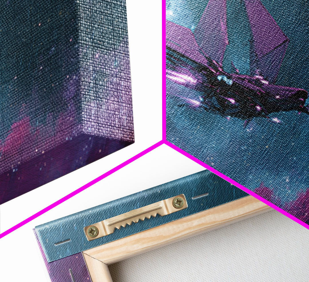 Solar Sail Ship Crossing Star Filled Space Framed Canvas Print, Futuristic Art, Digital Art, Living Room Decor, Future, FUT-3x2-69
