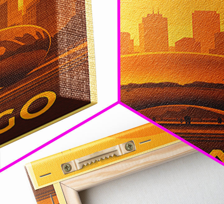 Chicago Travel Poster, Framed Canvas Print, Warm Sunset Silhouette Art, Chicago Poster Print, Modern Wall Decor, Travel Wall Decor