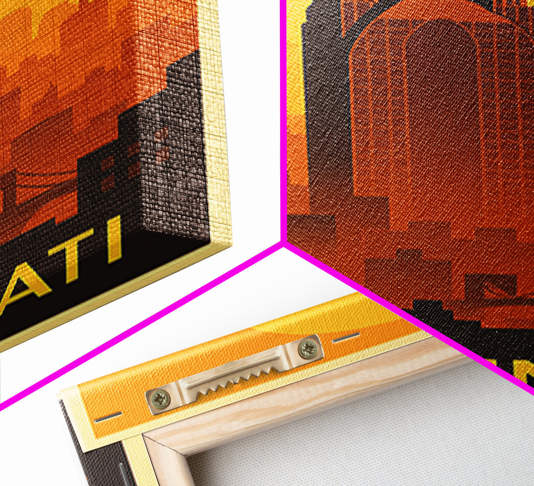 Cincinnati Travel Poster, Framed Canvas Print, Warm Sunset Silhouette Art, Cincinnati Art Print, Retro Travel Print, Gift For Travelers