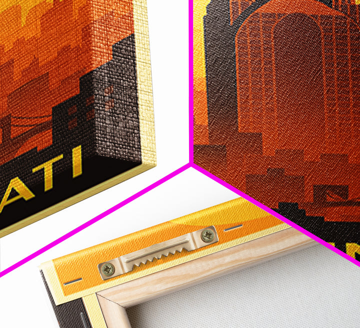 Cincinnati Travel Poster, Framed Canvas Print, Warm Sunset Silhouette Art, Cincinnati Art Print, Retro Travel Print, Gift For Travelers