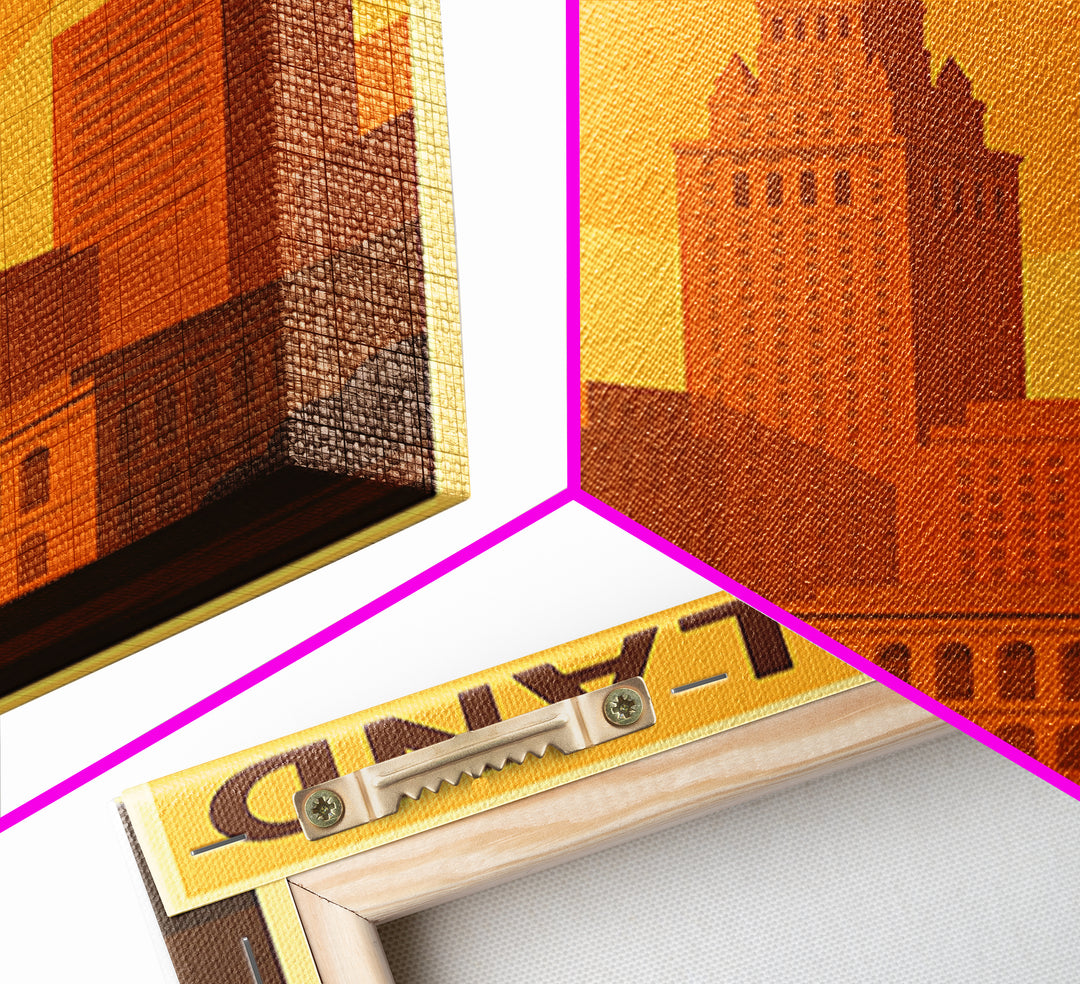 Cleveland Ohio Travel Poster, Framed Canvas Print, Golden Travel Poster Art, Cleveland Travel Art, Modern Wall Decor, Travel Poster Art