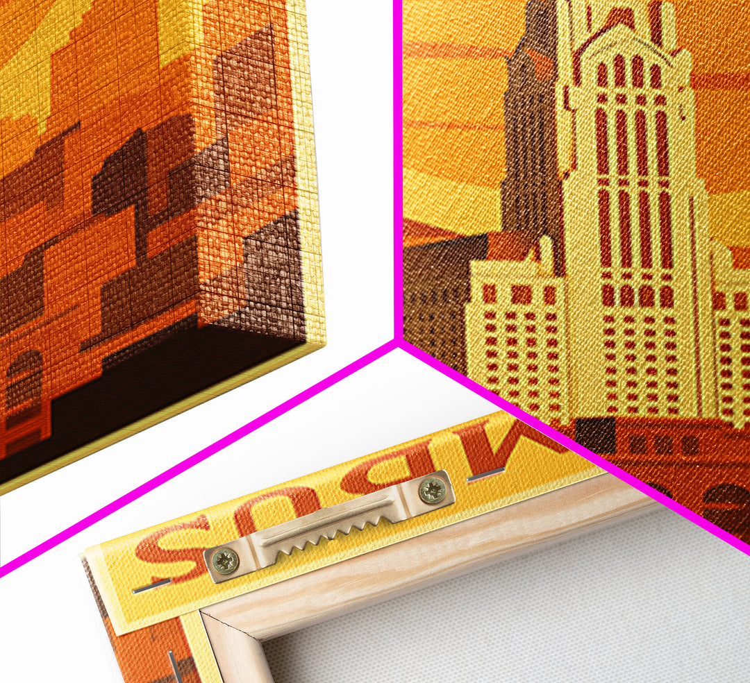 Columbus Travel Poster, Framed Canvas Print, Golden Travel Poster Art, Columbus Travel Art, Wanderlust Decor, City Illustration