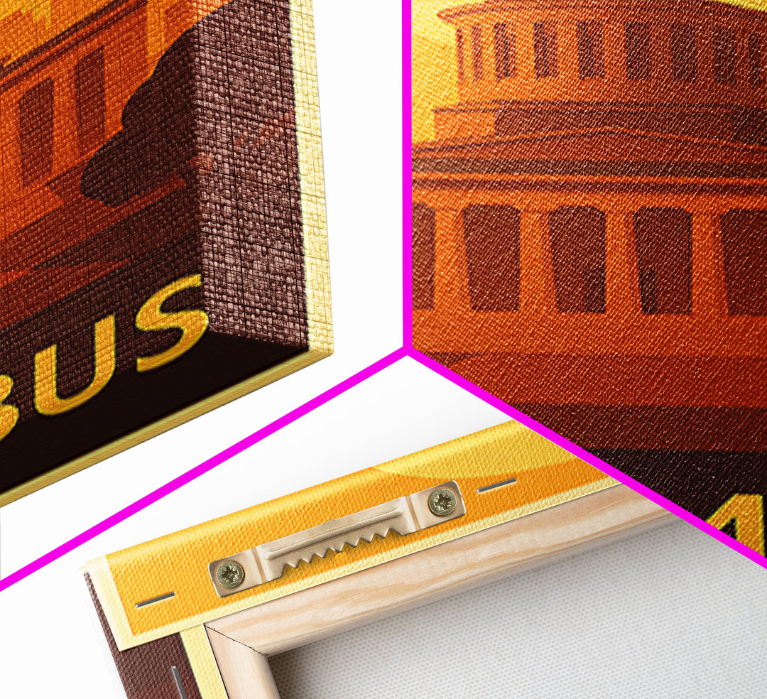 Columbus Travel Poster, Framed Canvas Print, Warm Sunset Silhouette Art, Columbus City Art, Living Room Wall Art, Travel Poster Set