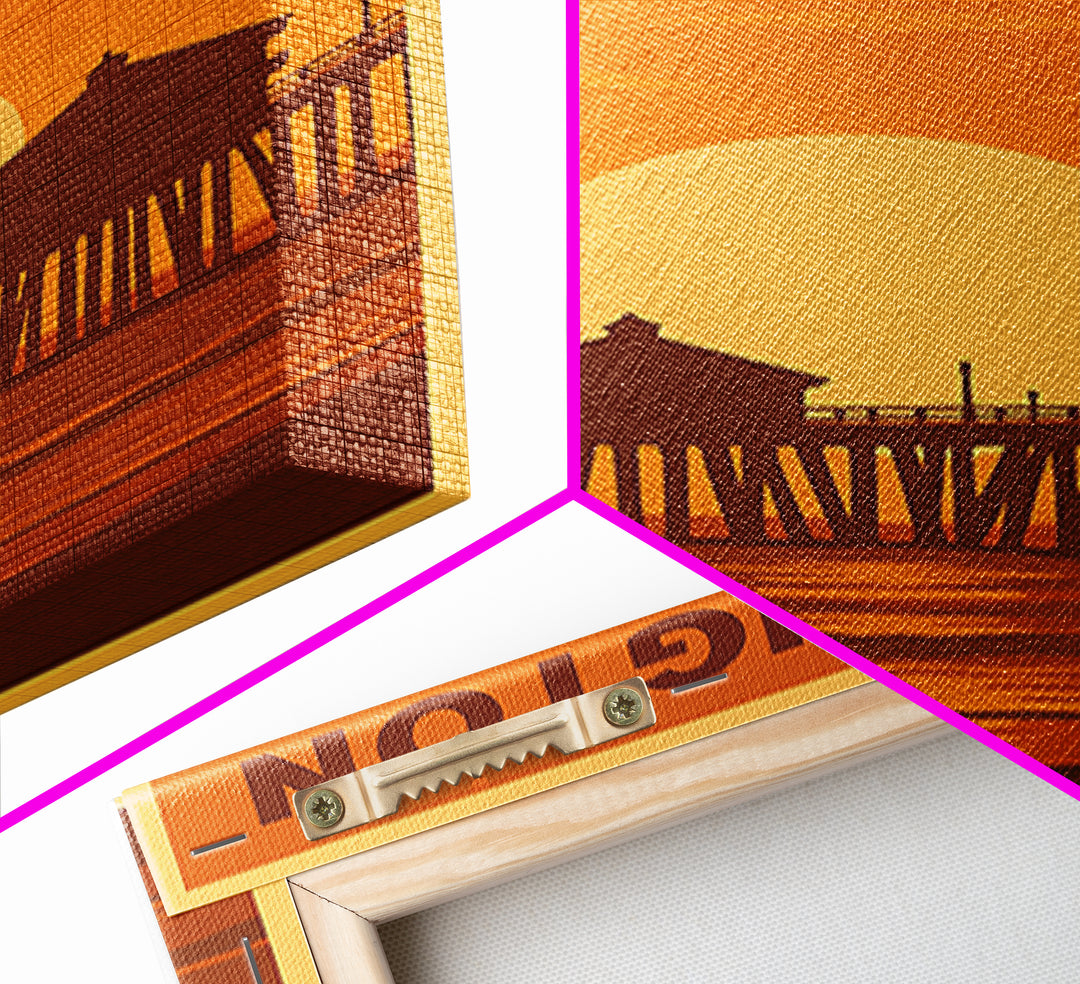 Huntington Beach California Travel Poster, Framed Canvas Print, Warm Sunset Silhouette Art, Huntington Beach Poster Print, City Illustration