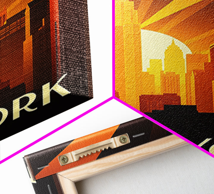 New York Travel Poster, Framed Canvas Print, Golden Travel Poster Art, New York Wall Art, Vintage Travel Art, Vintage City Poster