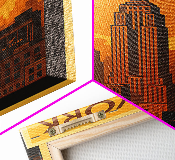 New York Travel Poster, Canvas Print, Warm Sunset Silhouette Art, New York Travel Art, Mid Century Wall Art, Modern Wall Decor