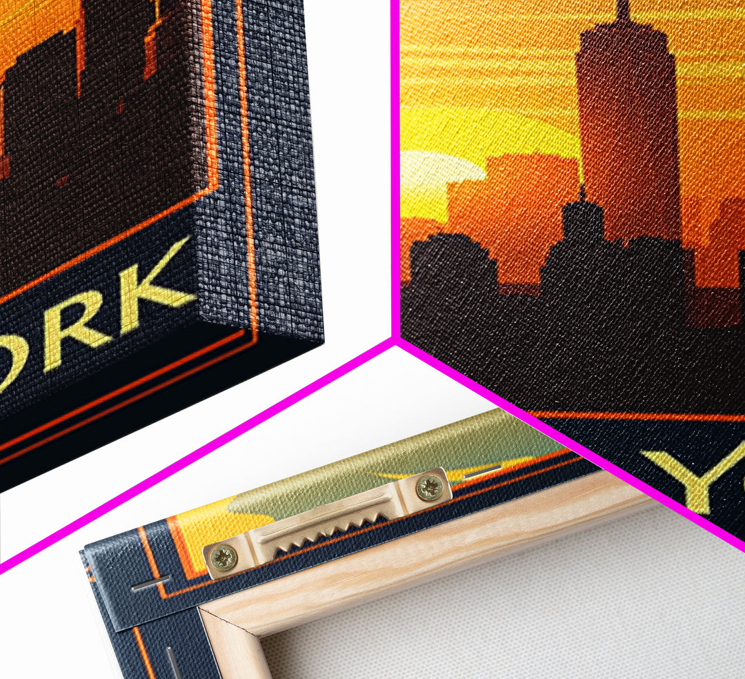 New York Travel Poster, Canvas Print, Warm Sunset Silhouette Art, New York Travel Art, Vintage Travel Art, Mid Century Wall Art