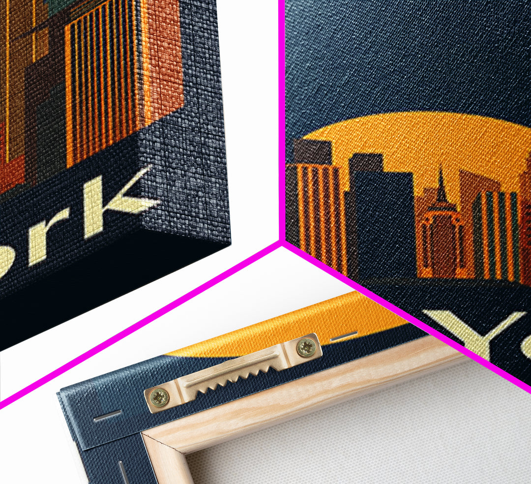 New York Travel Poster, Framed Canvas Print, Warm Sunset Silhouette Art, New York Poster Print, Vintage City Poster, City Travel Prints