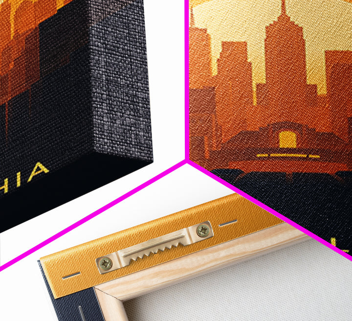 Philadelphia Travel Poster, Framed Canvas Print, Warm Sunset Silhouette Art, Philadelphia Travel Art, Modern Wall Decor, Travel Wall Art
