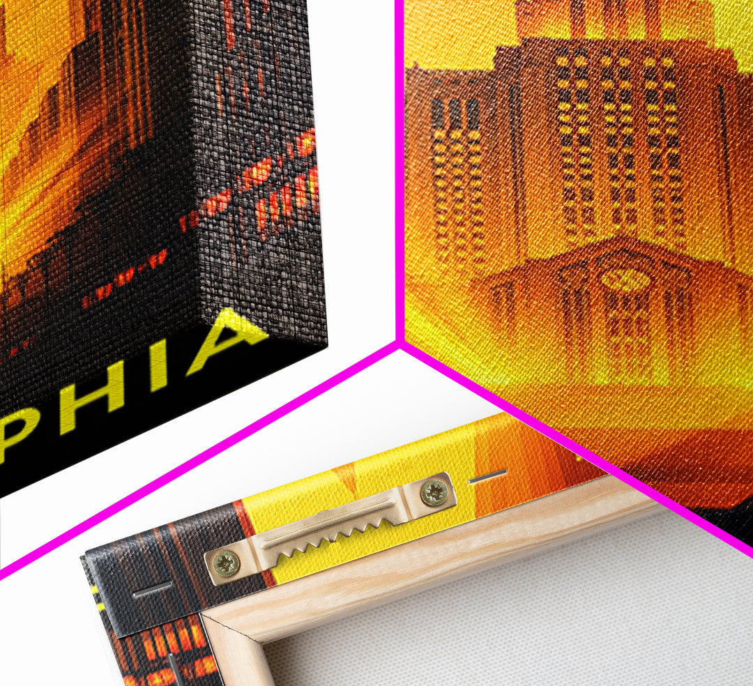 Philadelphia Travel Poster, Framed Canvas Print, Gold Art Deco Poster Art, Philadelphia City Art, Travel Art Print, Vintage City Poster