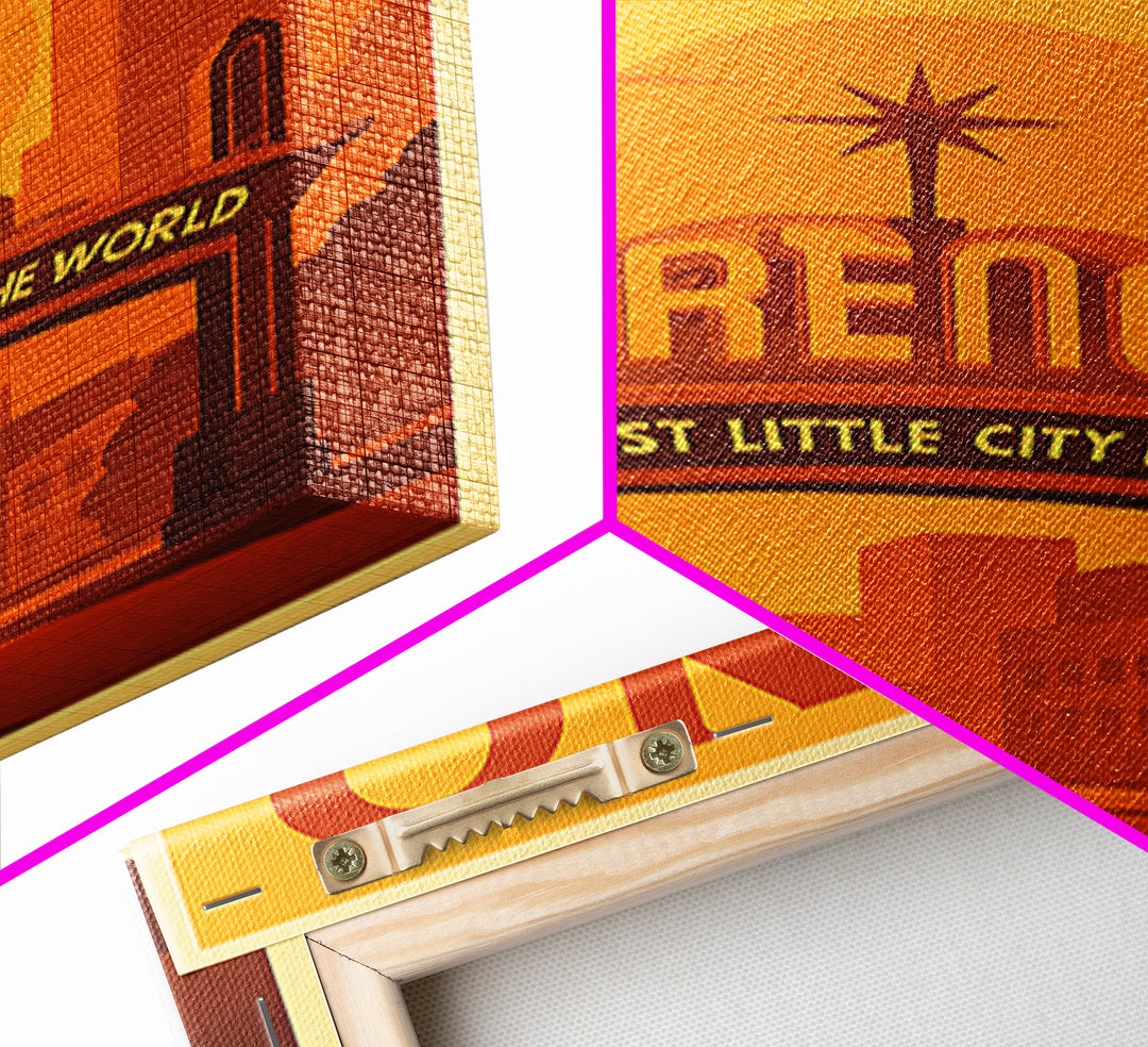 Reno Nevada Travel Poster, Canvas Print, Warm Sunset Silhouette Art, Reno Wall Art, City Art Print, Mid Century Wall Art, City Illustration