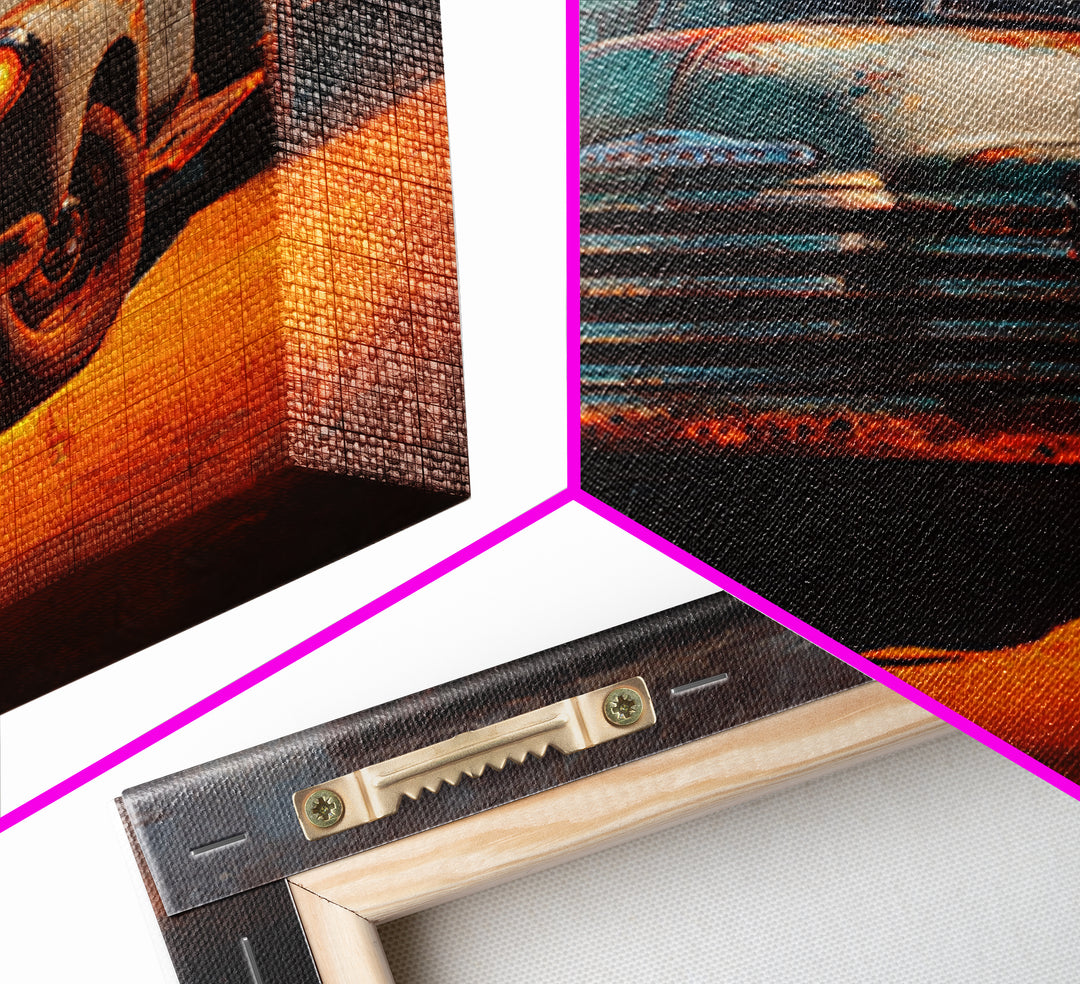 Pickup Truck in Dusty Sunset Light Framed Canvas Print, Garage Art, Tattoo Art, Garage Decor, Oil Painting, Motor, GAR-1x1-37