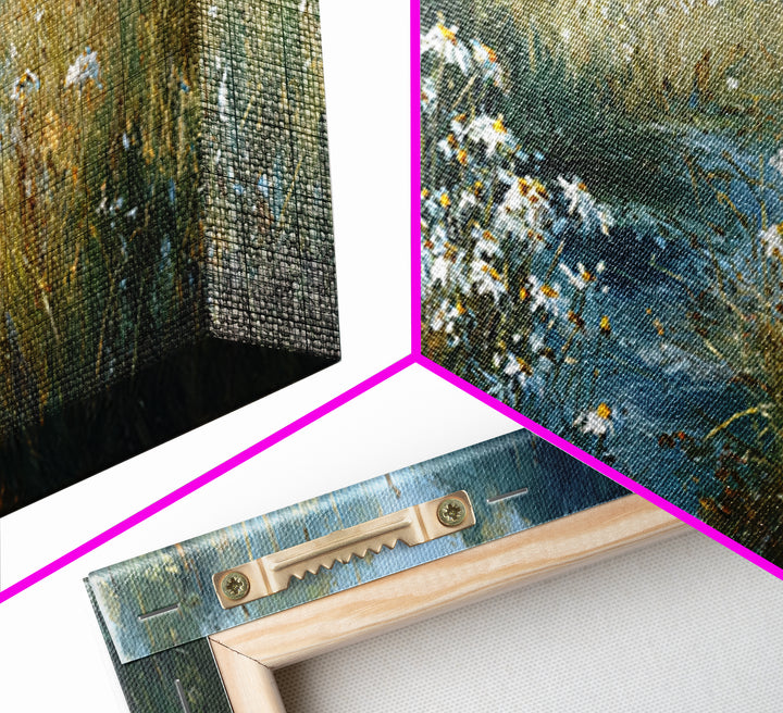 Sunlit Meadow with Delicate Flowers Framed Canvas Print, Guest Bedroom Art, Bedroom Decor, Oil Painting, Guest, GBA-3x1-55
