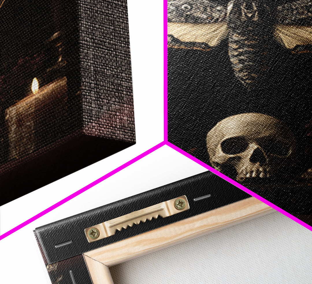 Moth and Skull Composition on Black Velvet Canvas Print, Gothic Art, Canvas Tote Bag, Living Room Decor, Oil Painting, Gothic, GOT-1x1-15