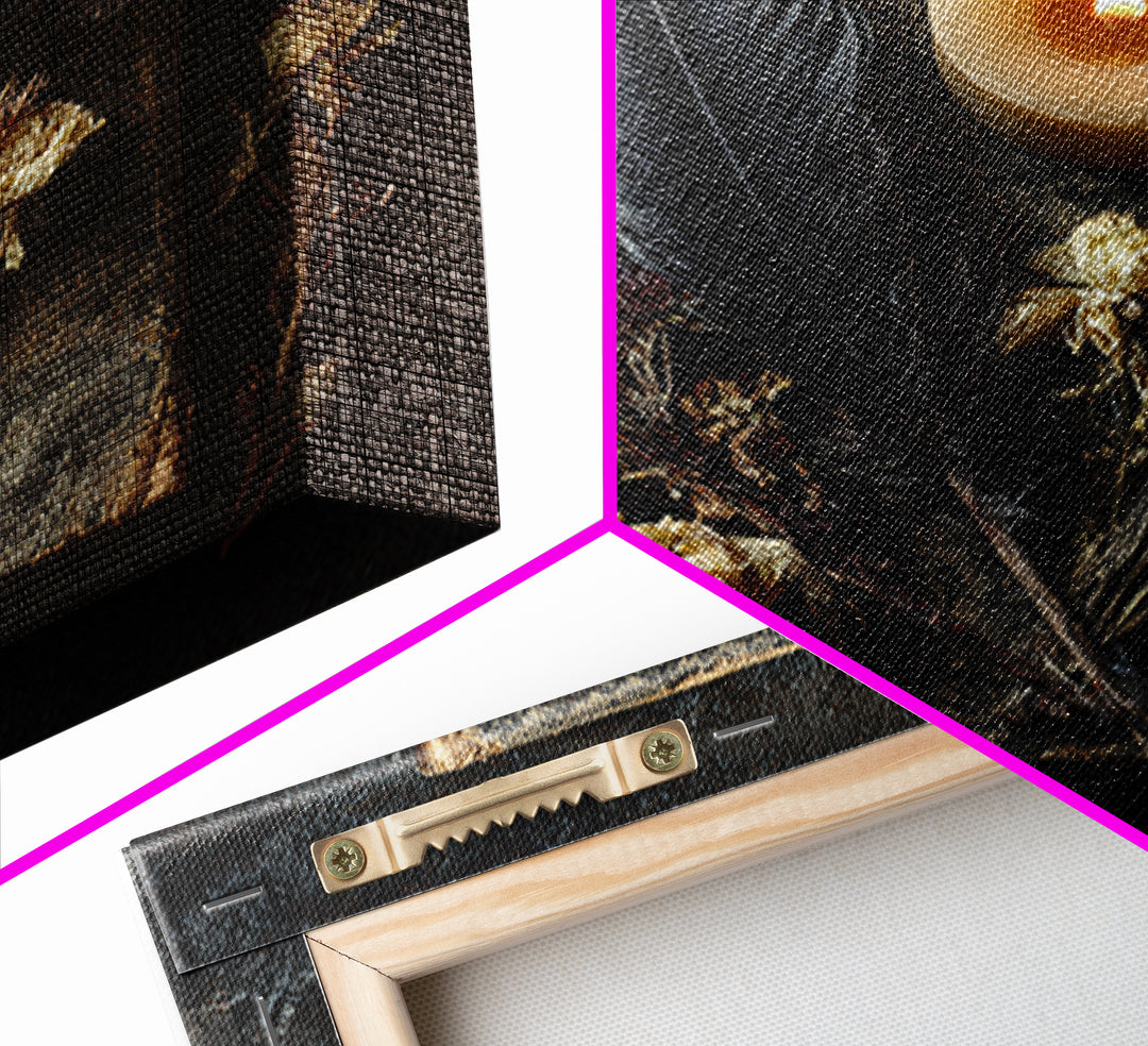Candlelit Book and Dried Flowers Still Life Framed Canvas Print, Gothic Art, Canvas Painting, Living Room Decor, Gothic, GOT-1x1-42