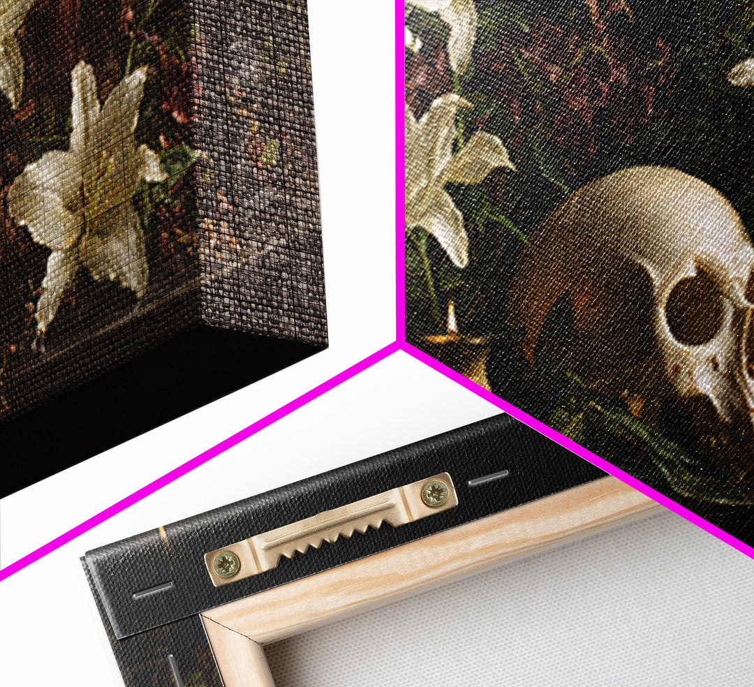 Skull Surrounded by Lilies and Candles Framed Canvas Print, Gothic Art, Canvas Tote Bag, Living Room Decor, Fine Art, Gothic, GOT-2x1-97