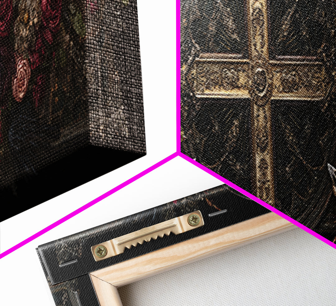 Ornate Cross and Roses Dramatic Still Life Framed Canvas Print, Gothic Art, Halloween Decor, Living Room Decor, Gothic, GOT-3x1-84