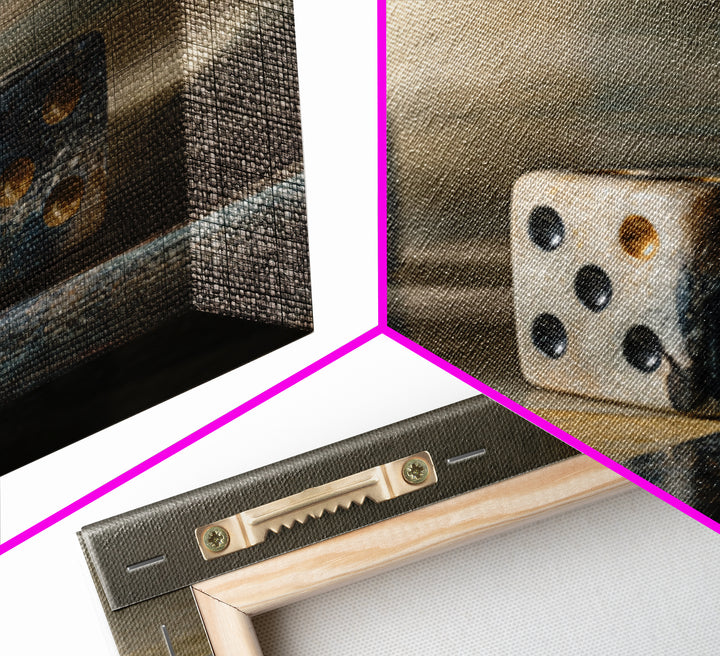 Tabletop Dice Rolling Through Dramatic Light Framed Canvas Print, Game Room Art, Gallery Decor, Game Room Decor, Fine Art, Play, GRA-1x1-65