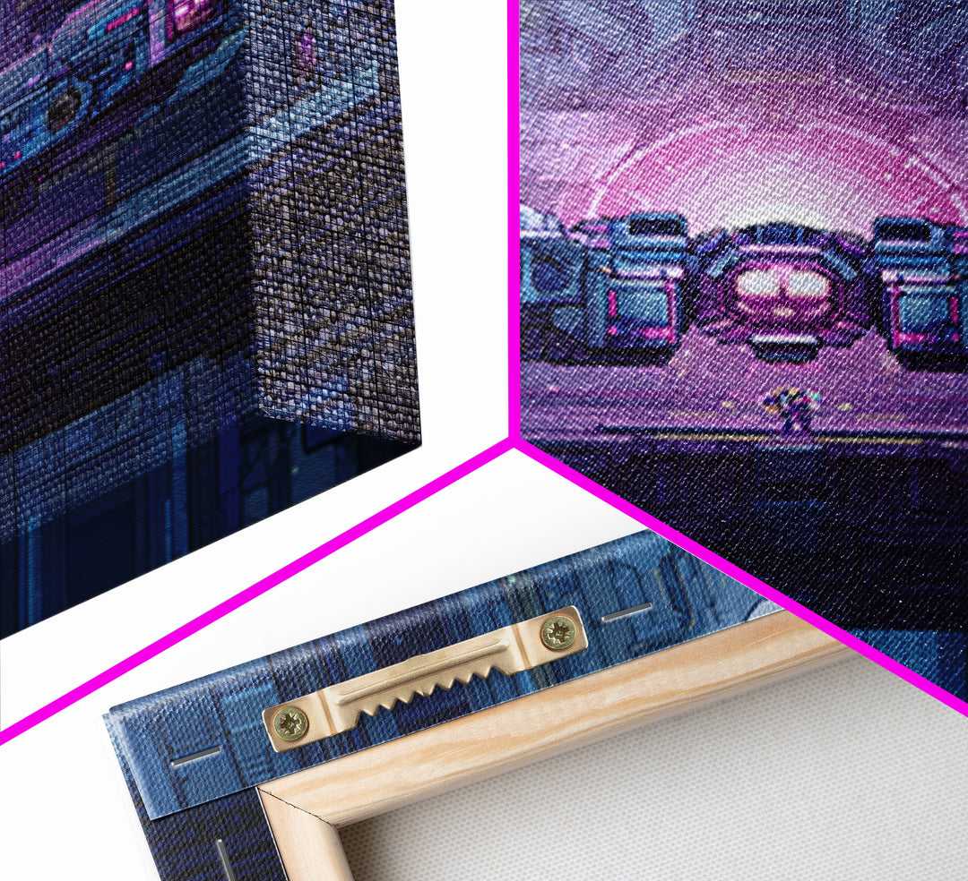 Arcade Spaceship Pixel Art Scene Framed Canvas Print, Game Room Art, Gallery Decor, Game Room Decor, Fine Art, Play, GRA-1x1-67