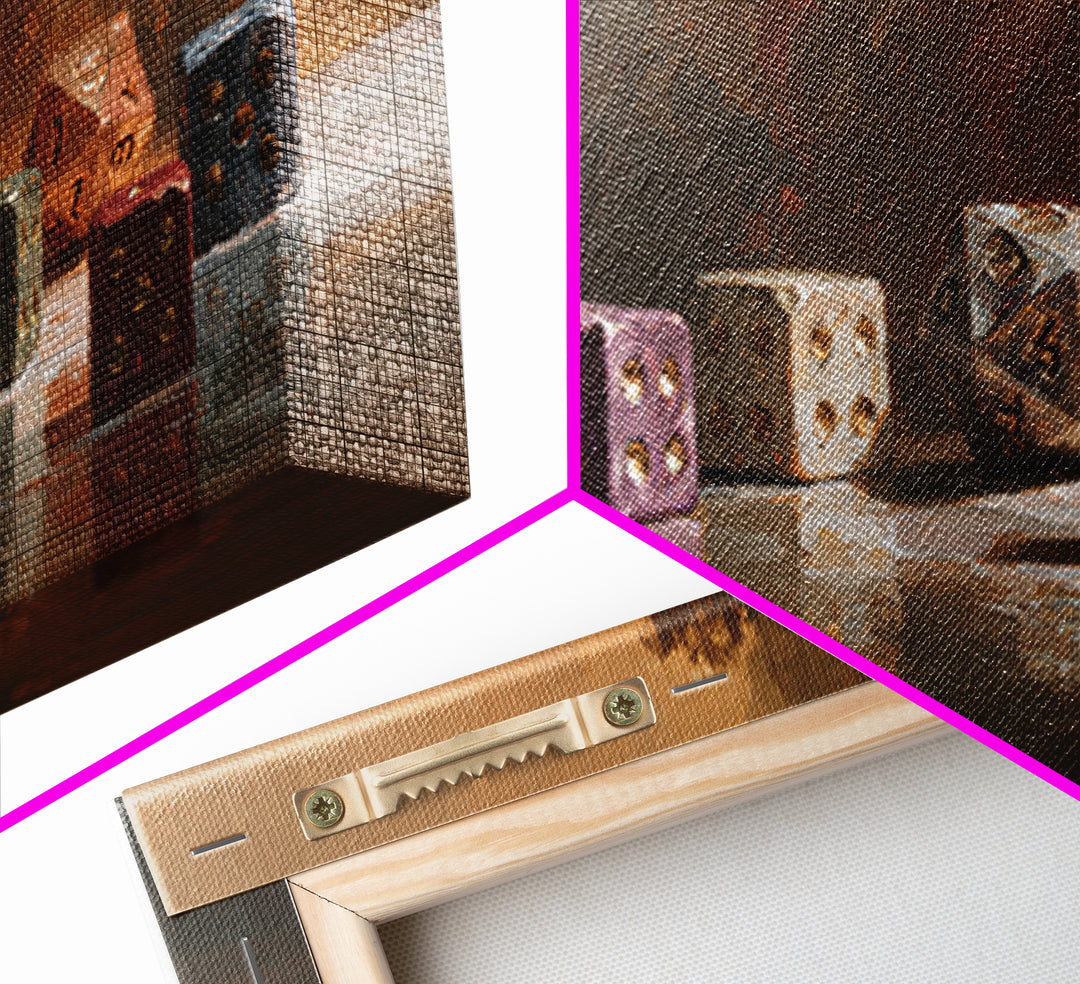 Tabletop Dice Rolling Through Dramatic Light Framed Canvas Print, Game Room Art, Living Room Decor, Game Room Decor, Play, GRA-2x1-85