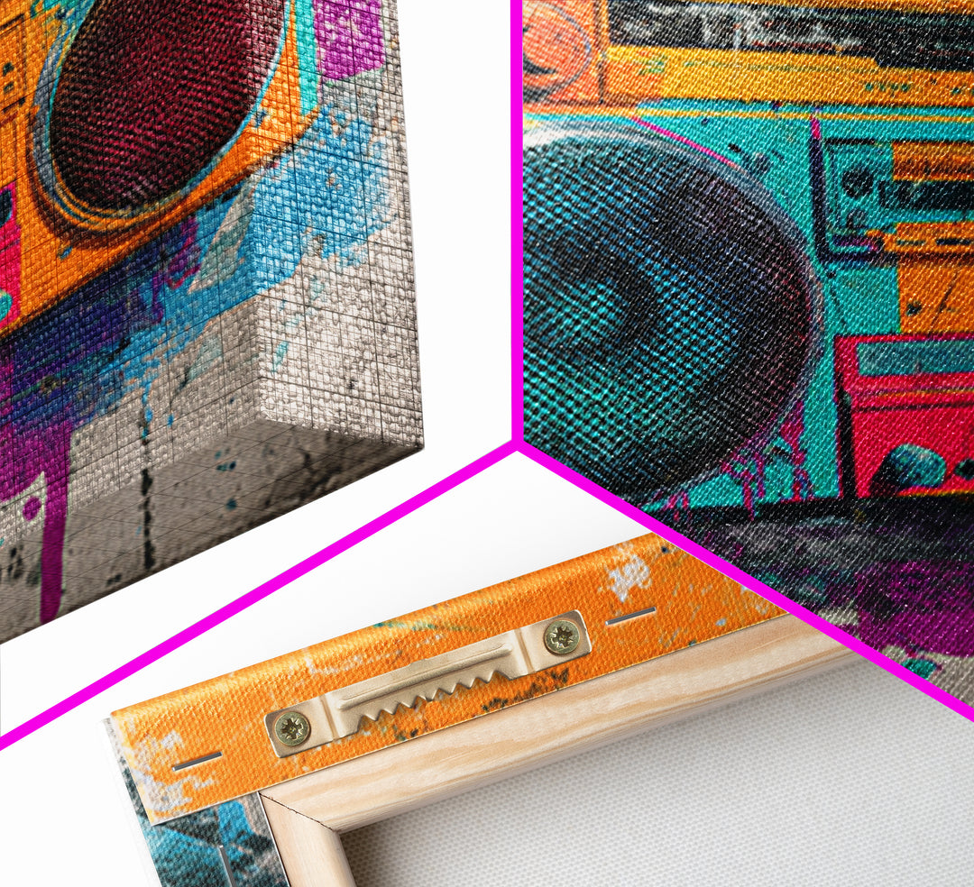 Boombox and Cassette Tape Framed Canvas Print, Graffiti Art, Gallery Decor, Living Room Decor, Fine Art, Street, Wall Art, GRF-1x1-38