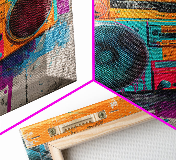 Boombox and Cassette Tape Framed Canvas Print, Graffiti Art, Gallery Decor, Living Room Decor, Fine Art, Street, Wall Art, GRF-1x1-38