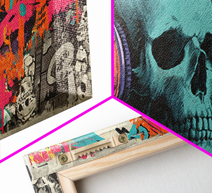 Skull and Headphones Mural Composition Framed Canvas Print, Graffiti Art, Graffiti, Living Room Decor, Fine Art, Street, GRF-2x1-19