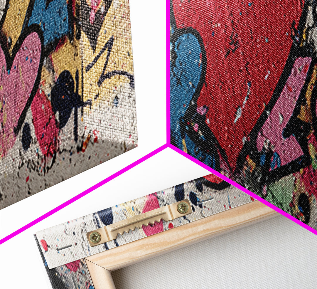 Neon Heart Painted on Cracked Concrete Texture Canvas Print, Graffiti Art, Digital Print, Living Room Decor, Fine Art, Street, GRF-3x1-46