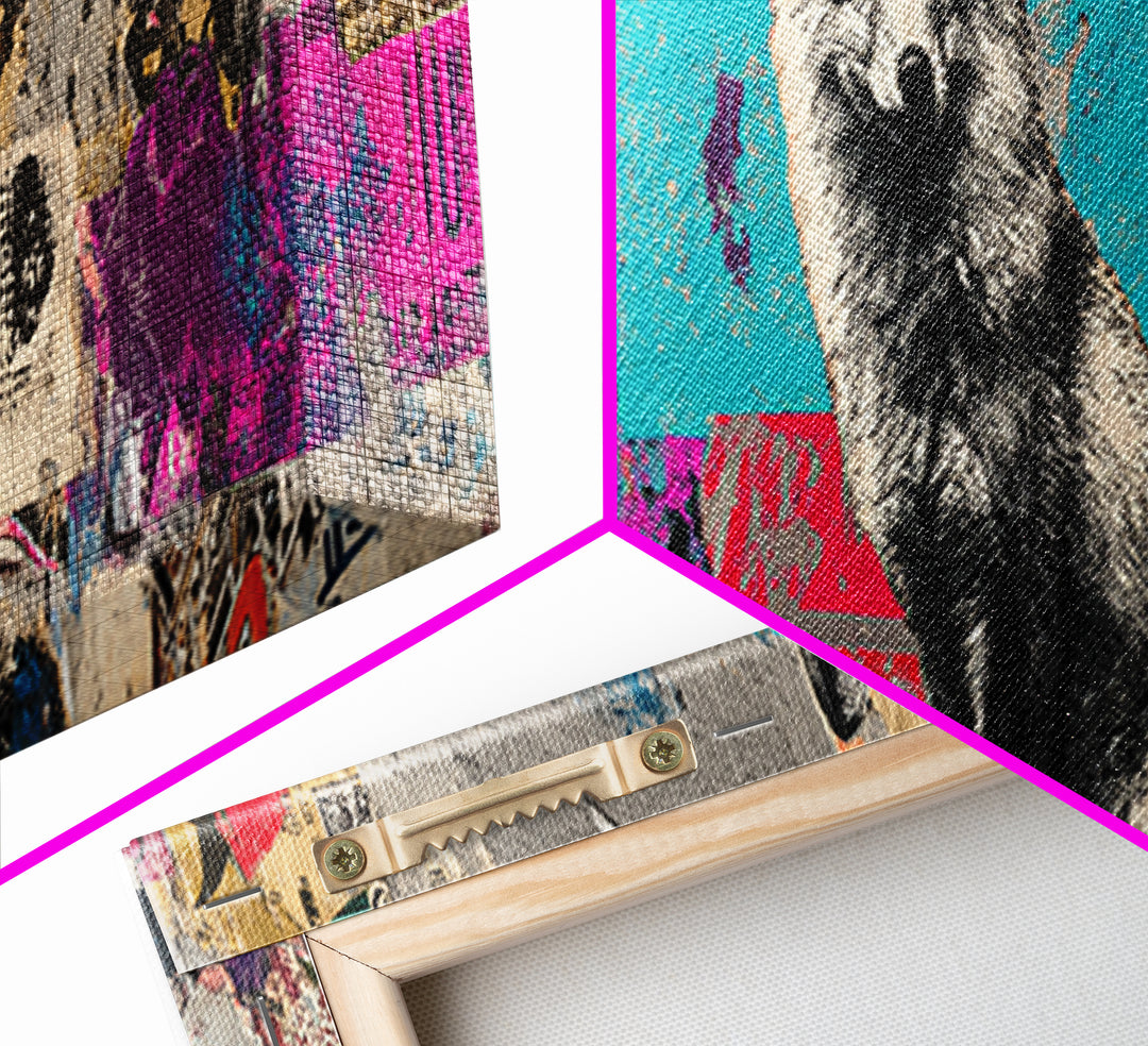 Urban Fox with Layered Sticker Collage Framed Canvas Print, Graffiti Art, Graffiti, Living Room Decor, Fine Art, Street, GRF-3x1-57