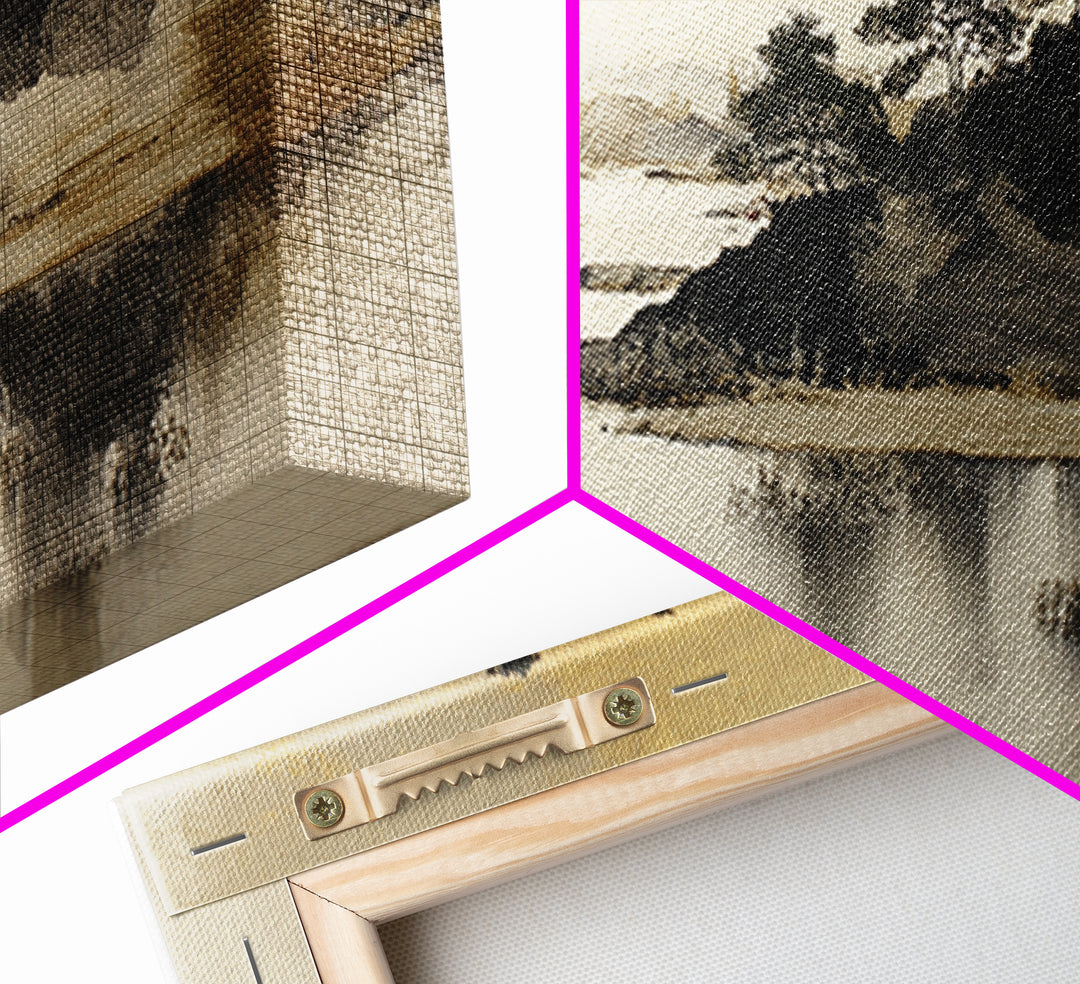 Japanese Ink Landscape Canvas Print, Hotel Art, Art Deco, Hotel Decor, Boutique, Minimalist Wall Art, Gallery Wall Art, HOT-3x1-34