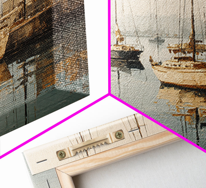 Quiet Harbor with Sailboats at Dawn Framed Canvas Print, Hotel Art, Mid Century Modern, Hotel Decor, Fine Art, Boutique, HOT-3x2-2
