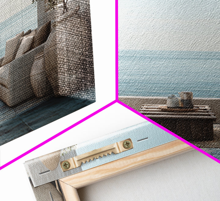 Mediterranean Terrace View Focused on Sea and Framed Canvas Print, Hotel Art, Poster, Hotel Decor, Fine Art, Boutique, HOT-3x2-87