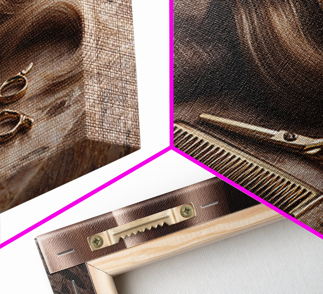 Gold Scissors and Comb Still Life on Framed Canvas Print, Hair Salon Art, Black Wall Art, Living Room Decor, Fine Art, Style, HSA-3x2-6