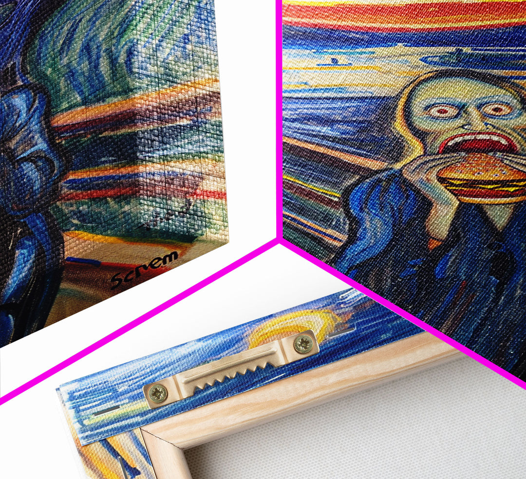 Scream-Inspired Halloween Art with a Figure Eating a Hamburger, Combining Horror and Humor for a Unique and Spooky Wall Art Piece