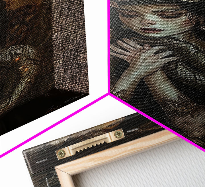 Mysterious Witch Holding Snake, Framed Canvas Print, Gothic Witch Art, Dark Fantasy Decor, Witch and Serpent, Halloween Accessories