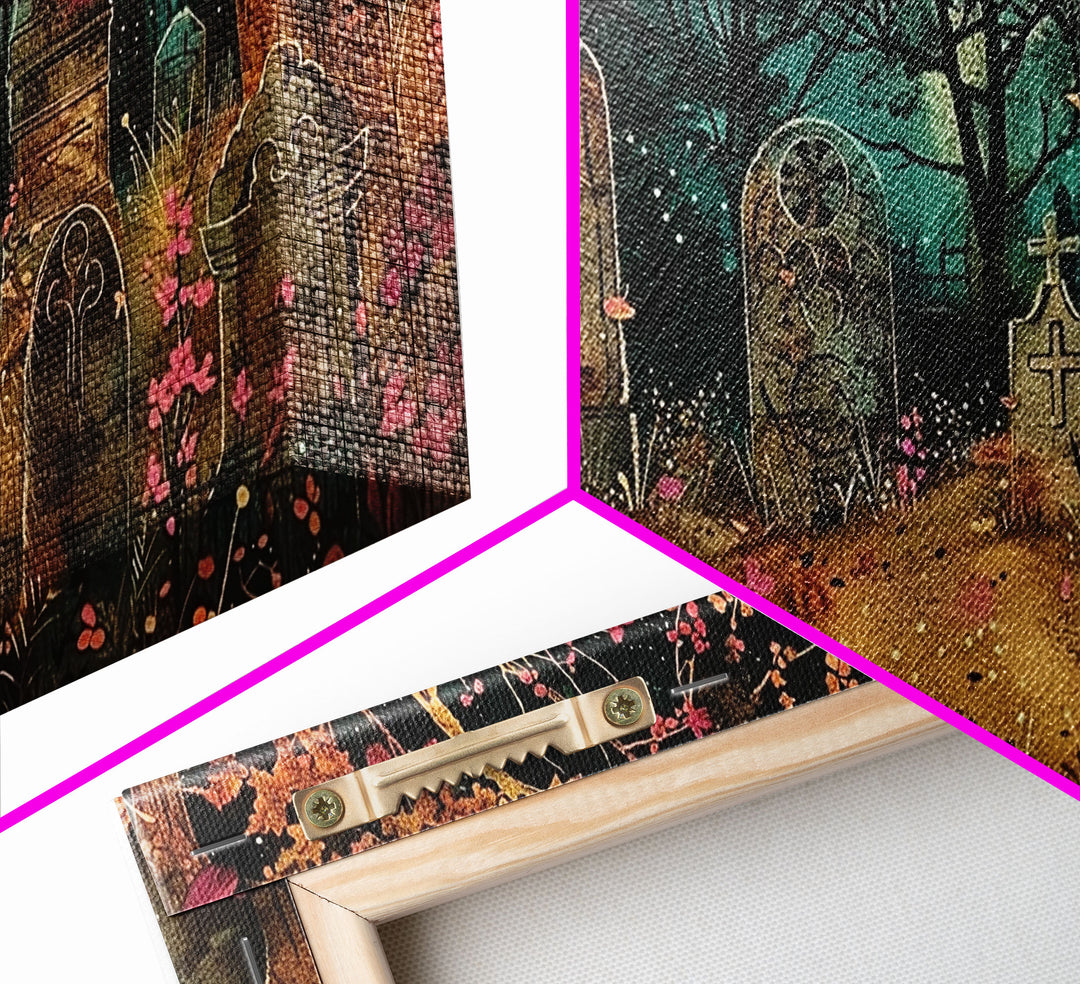 Spooktober Wall Art, Framed Canvas Print, Cottagecore Dark Academia Grave Yard Wall Art, Halloween Decor