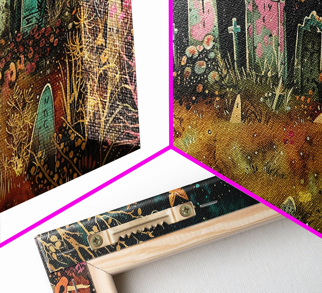 Colorful Haunted Grave Yard In The Spring Time, Framed Canvas Print, Spooky Wall Art, Halloween Spooky Season Decor