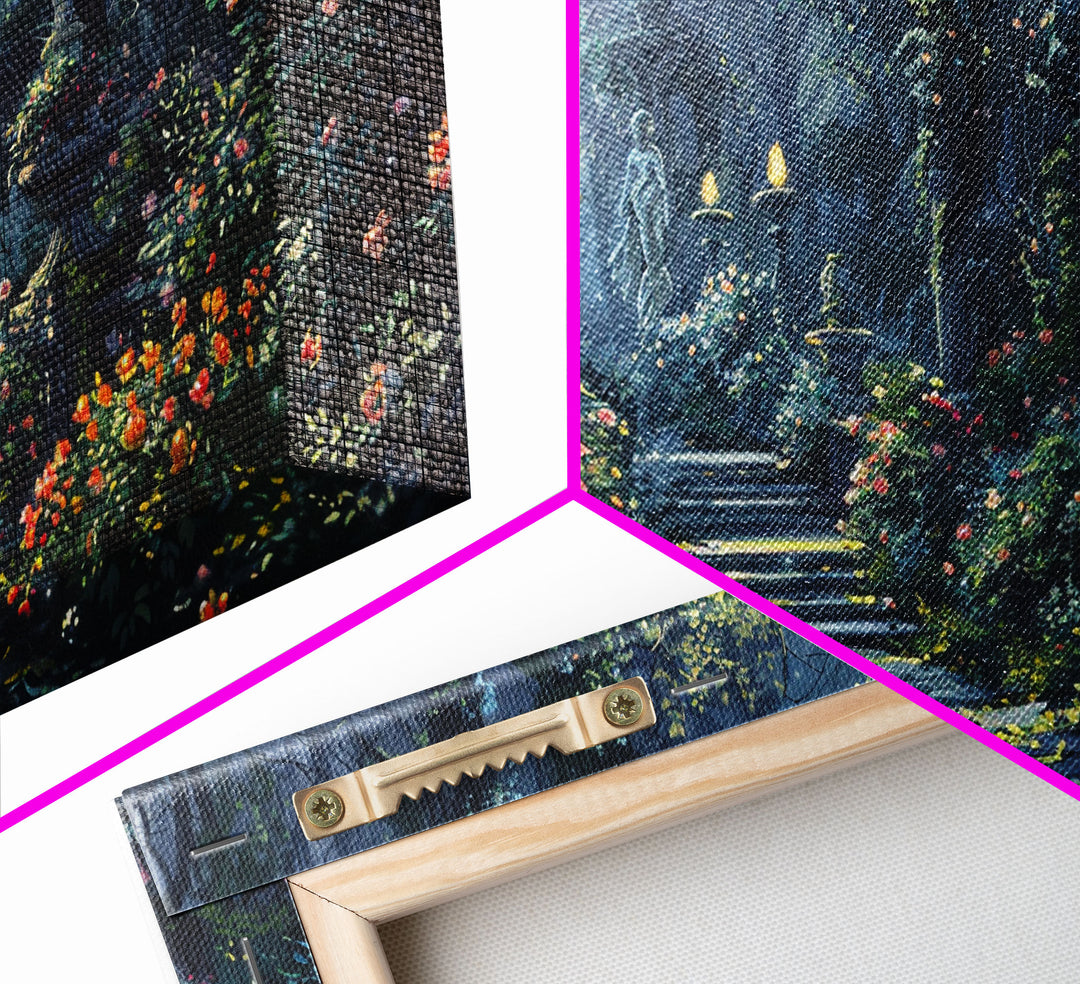 Creepy Victorian Hedge Maze, Haunted Cemetary Framed Canvas Print, Spooky Season Wall Art
