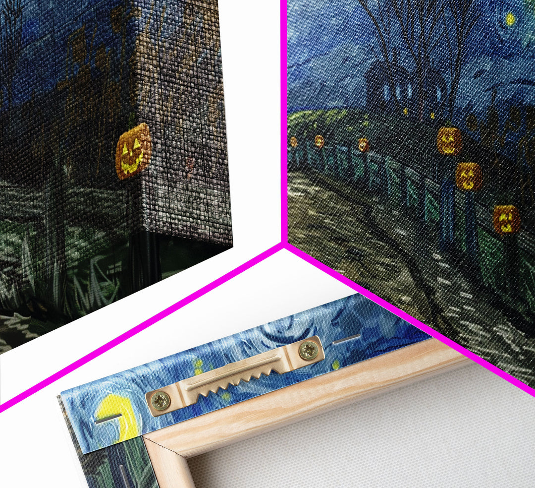 The Haunted Bridge, Framed Canvas Print, Spooky Home Decor, Starry Night Inspired