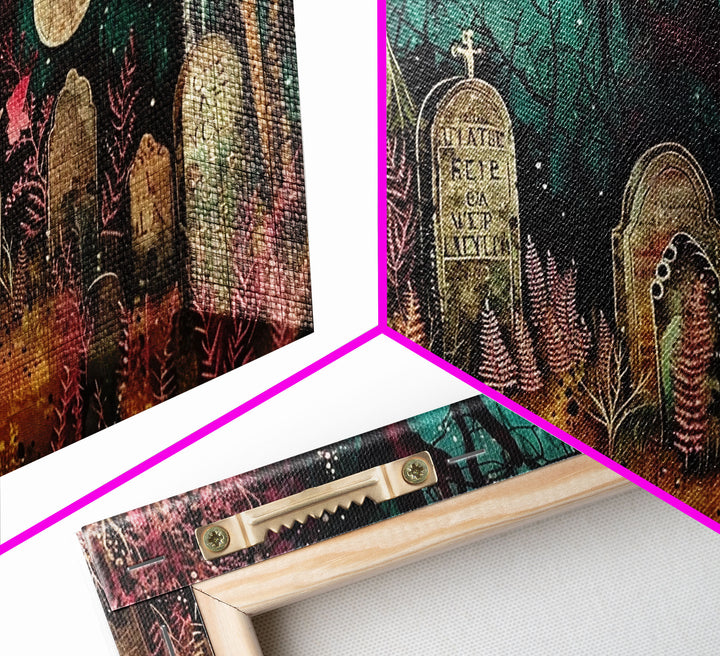 Spooky Cottagecore Mashup, Halloween Decor, Framed Canvas Print, Haunted Grave Yard Halloween Prop