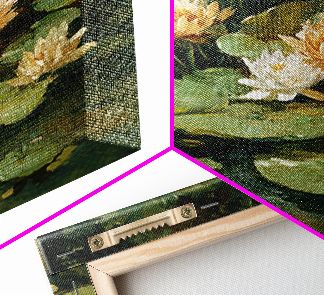 Water Lilies Floating on a Sunlit Pond Framed Canvas Print, Impressionist Art, Living Room Decor, Watercolor Art, Impression, IMP-1x1-73