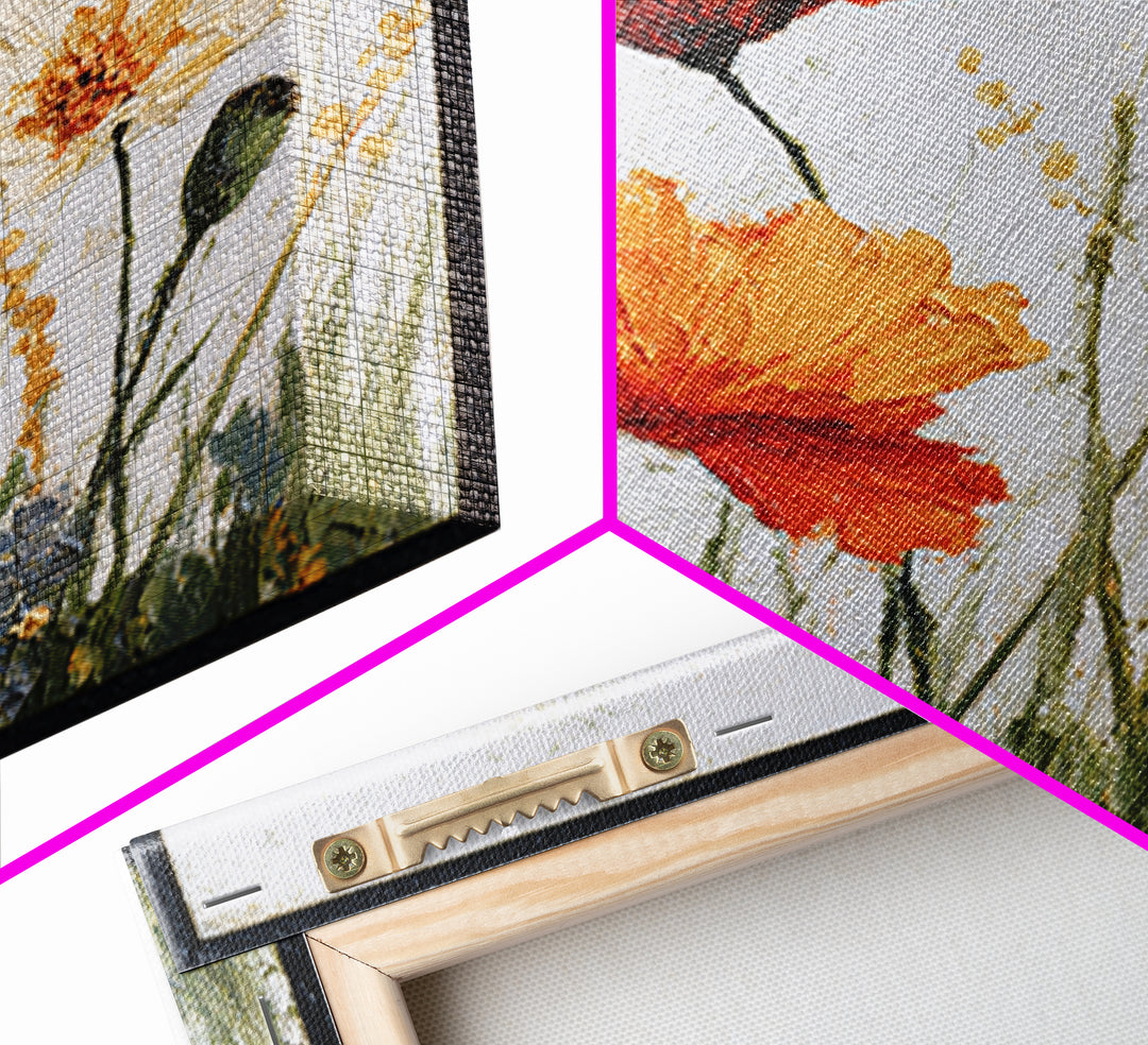 Poppies Blowing Through Green Grass Framed Canvas Print, Impressionist Art, Landscape Art, Living Room Decor, Abstract Art, IMP-1x1-84