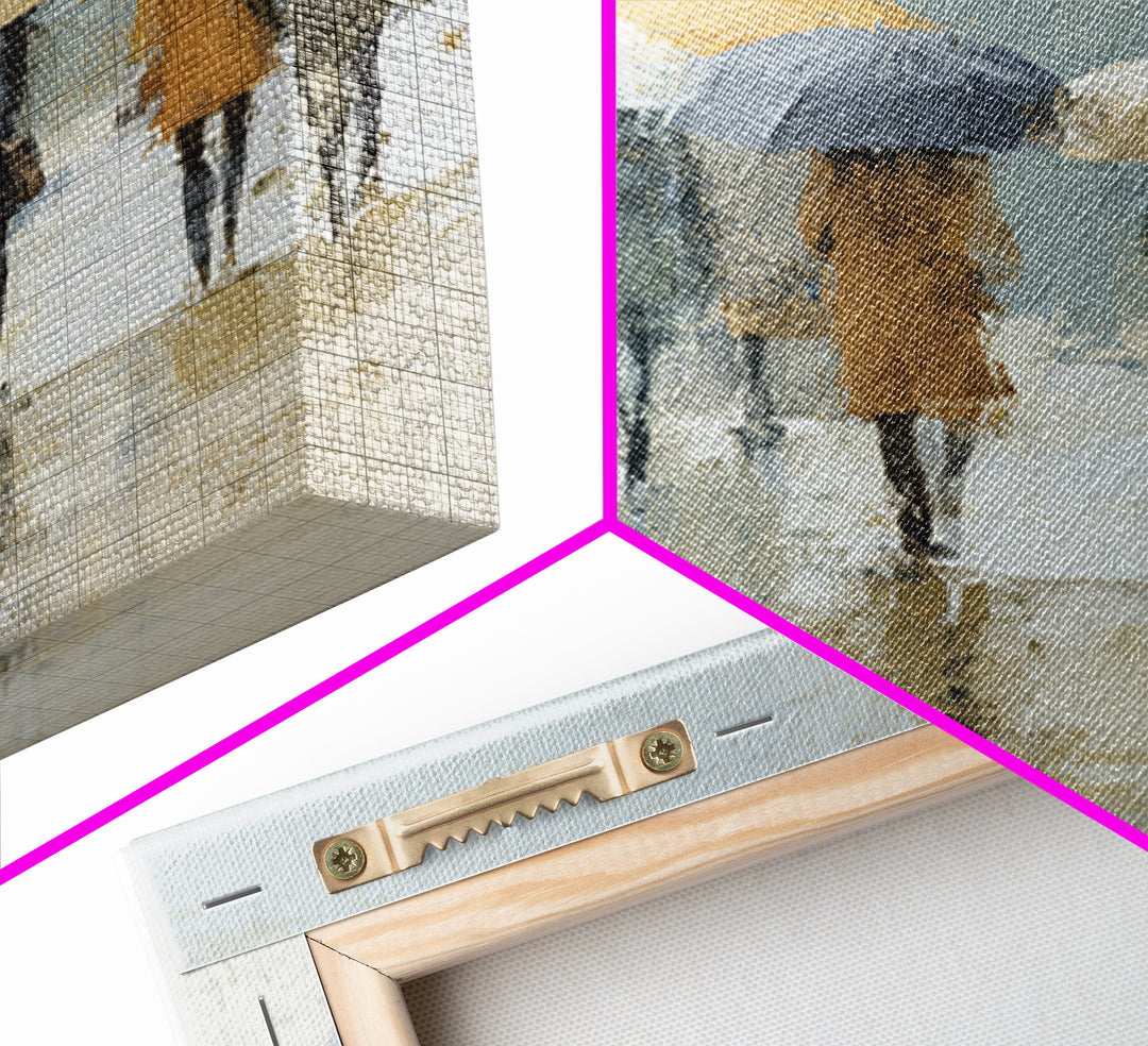 Rainy Boulevard with Umbrella Shapes Framed Canvas Print, Impressionist Art, Wall Art, Living Room Decor, Abstract Art, IMP-1x1-93