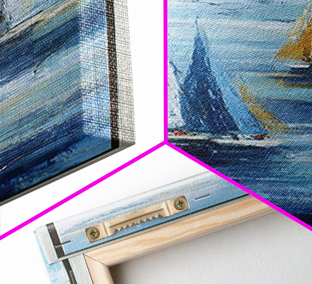 Sailboats on a Bright Sparkling Harbor Framed Canvas Print, Impressionist Art, Wall Art, Living Room Decor, Oil Painting, IMP-1x3-45