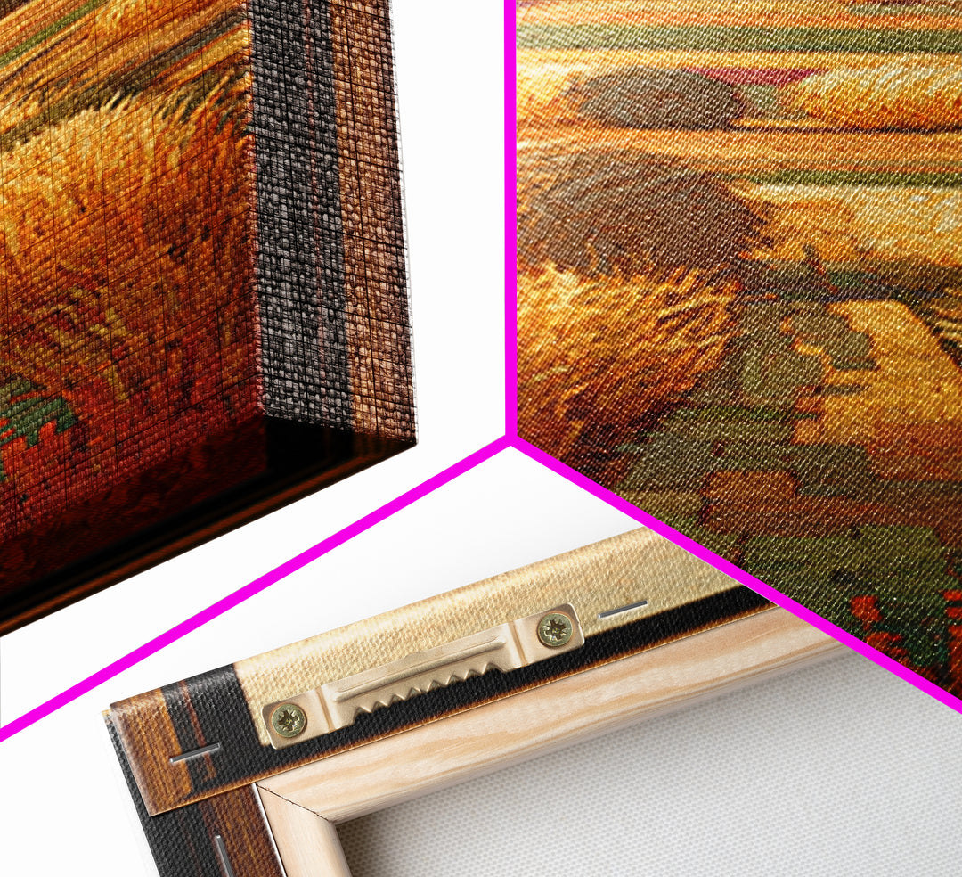 Haystacks Glowing at Golden Hour Framed Canvas Print, Impressionist Art, Living Room Wall Art, Living Room Decor, Impression, IMP-1x3-64