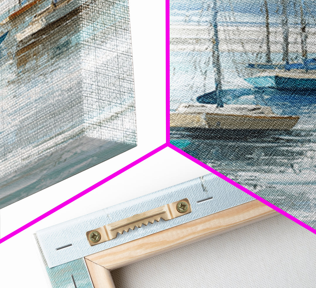 Sailboats on a Bright Sparkling Harbor Framed Canvas Print, Impressionist Art, Wall Art, Living Room Decor, Oil Painting, IMP-1x3-69