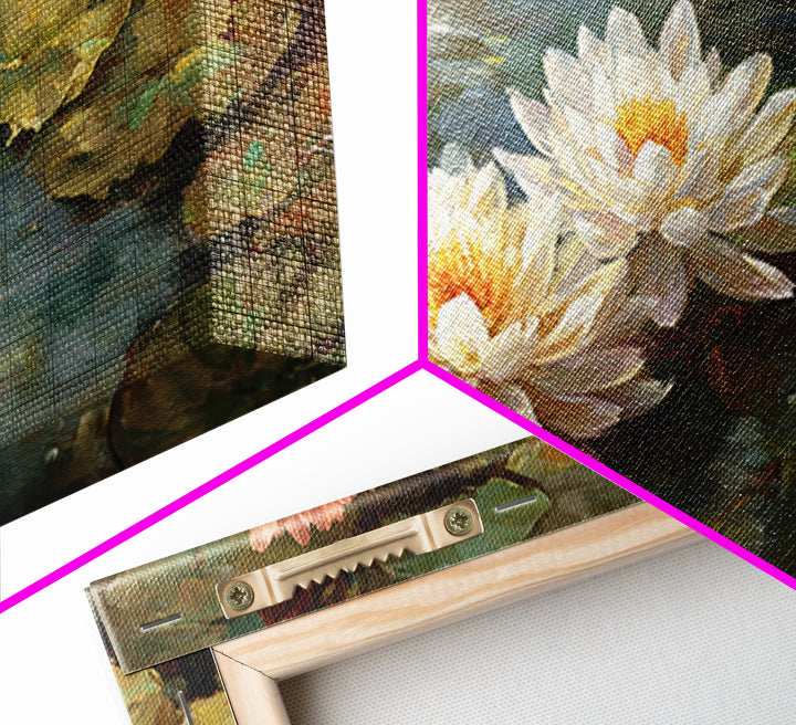 Water Lilies Floating on a Sunlit Pond Framed Canvas Print, Impressionist Art, Farmhouse Decor, Living Room Decor, Impression, IMP-2x1-45
