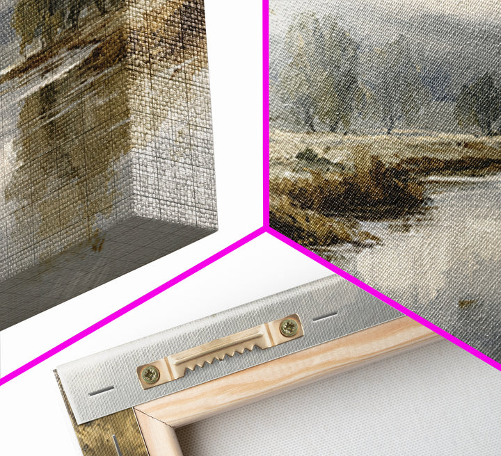 Misty Riverbank with Willow Trees Framed Canvas Print, Impressionist Art, Modern Wall Art, Living Room Decor, Impression, IMP-2x1-55