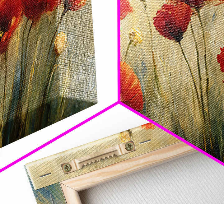 Poppies Blowing Through Green Grass Framed Canvas Print, Impressionist Art, Original Painting, Living Room Decor, Impression, IMP-2x1-56
